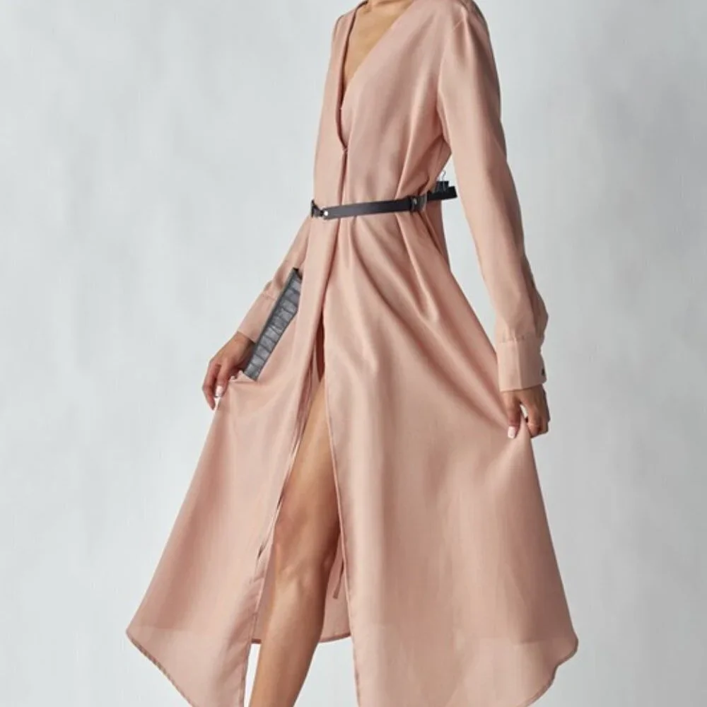 Belted Midi Dress w/ Faux Leather Pocket and Belt | Long Sleeve